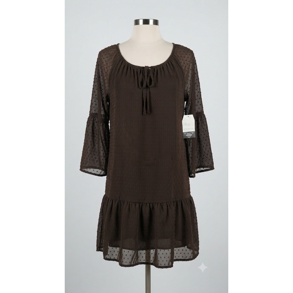 En Creme Gigi Swiss‎ Dot Flutter Sleeve Dress Black Mini Boho L NWT